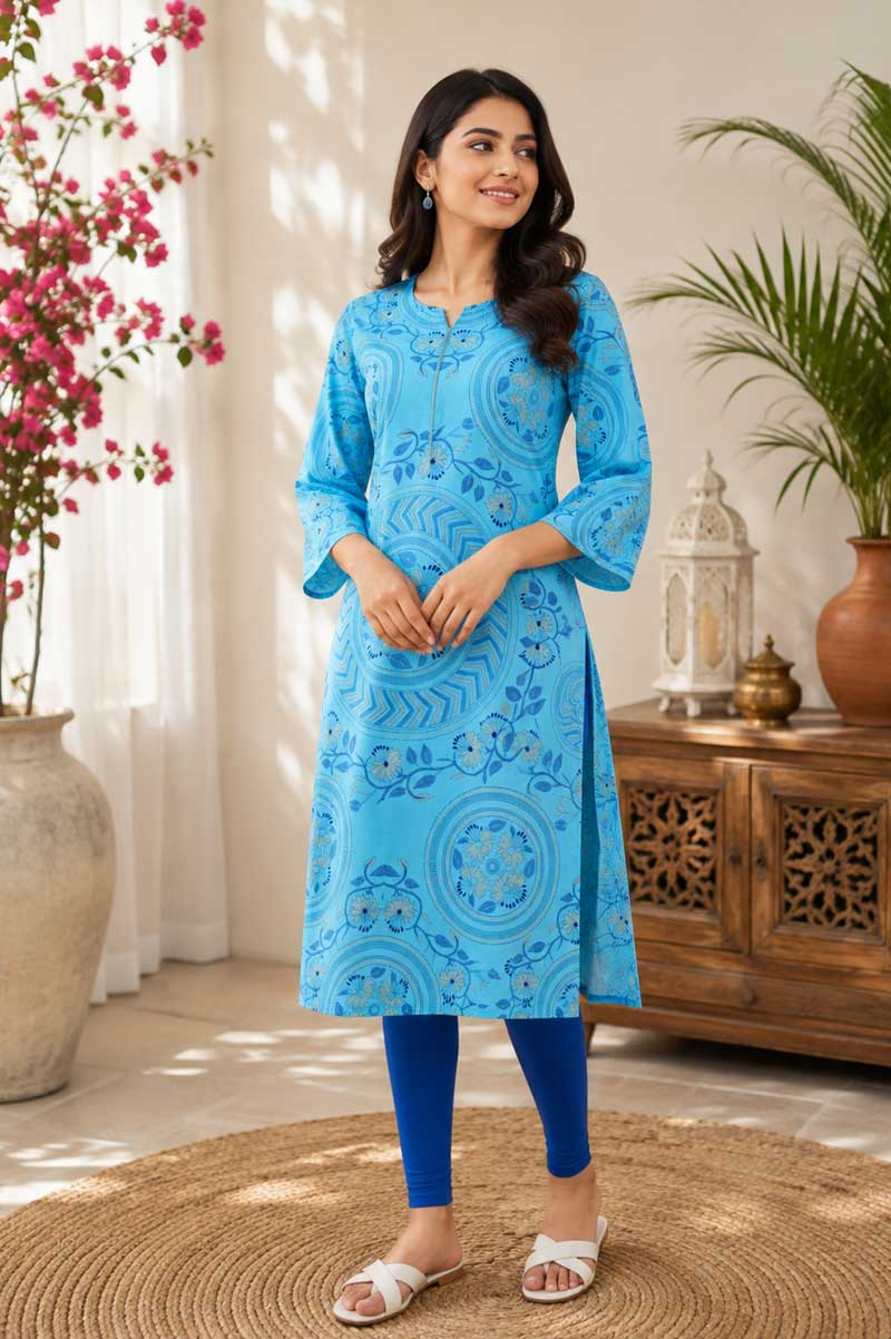 Sky Blue Linen Printed Kurti